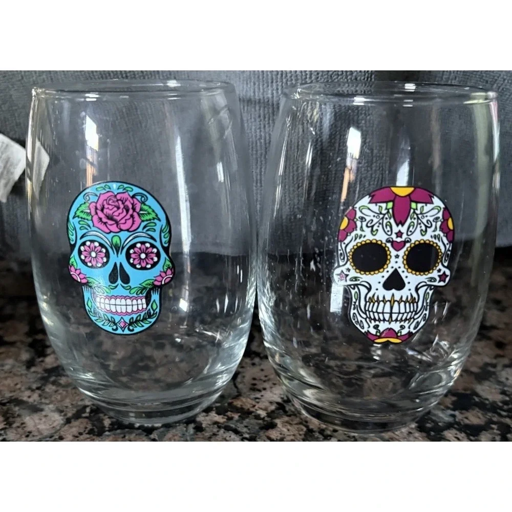 2 - 12 oz Stemless Wine Drink Glasses Sugar Skull Halloween Day Of The Dead